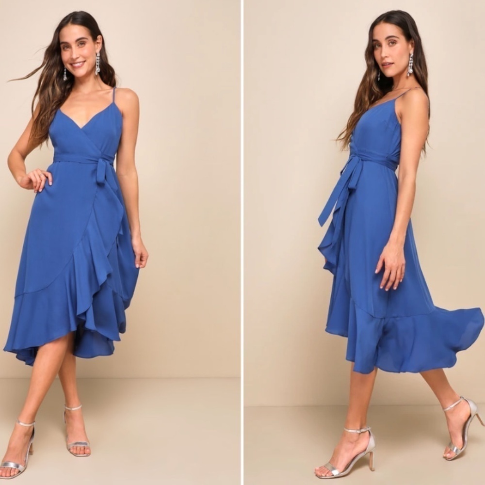 Lulu's Royal Blue Wrap High-Low Ruffle Dress